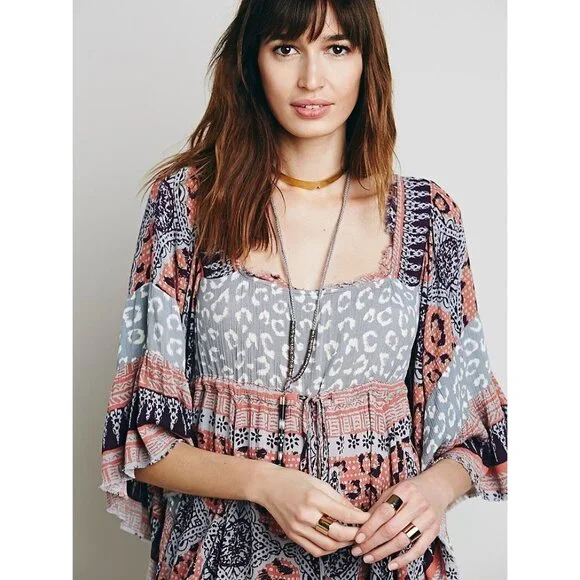 Free People Boho Flowy Printed Bell Sleeve Crisscross Back Hippie Mini Dress - Picture 3 of 14